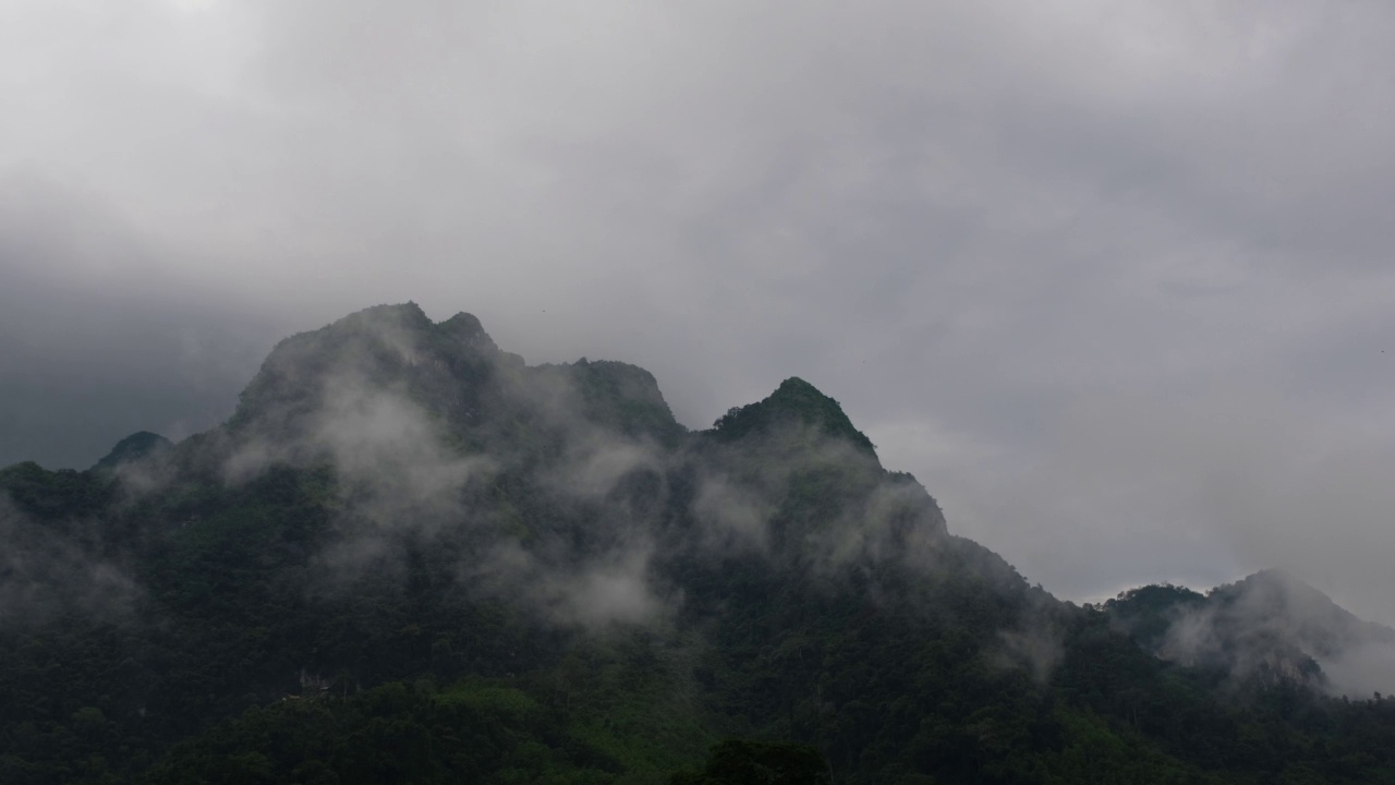 雾天的热带雨林和山丘景观视频素材