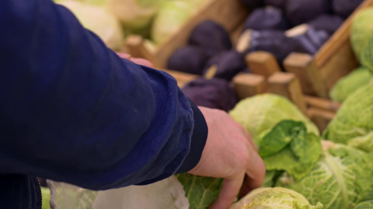 一位顾客在农贸市场买了新鲜的卷心菜，从货架上拿起一棵萨沃伊卷心菜，并把它放进一个可重复密封的袋子里。保护地球不受塑料污染的概念视频素材