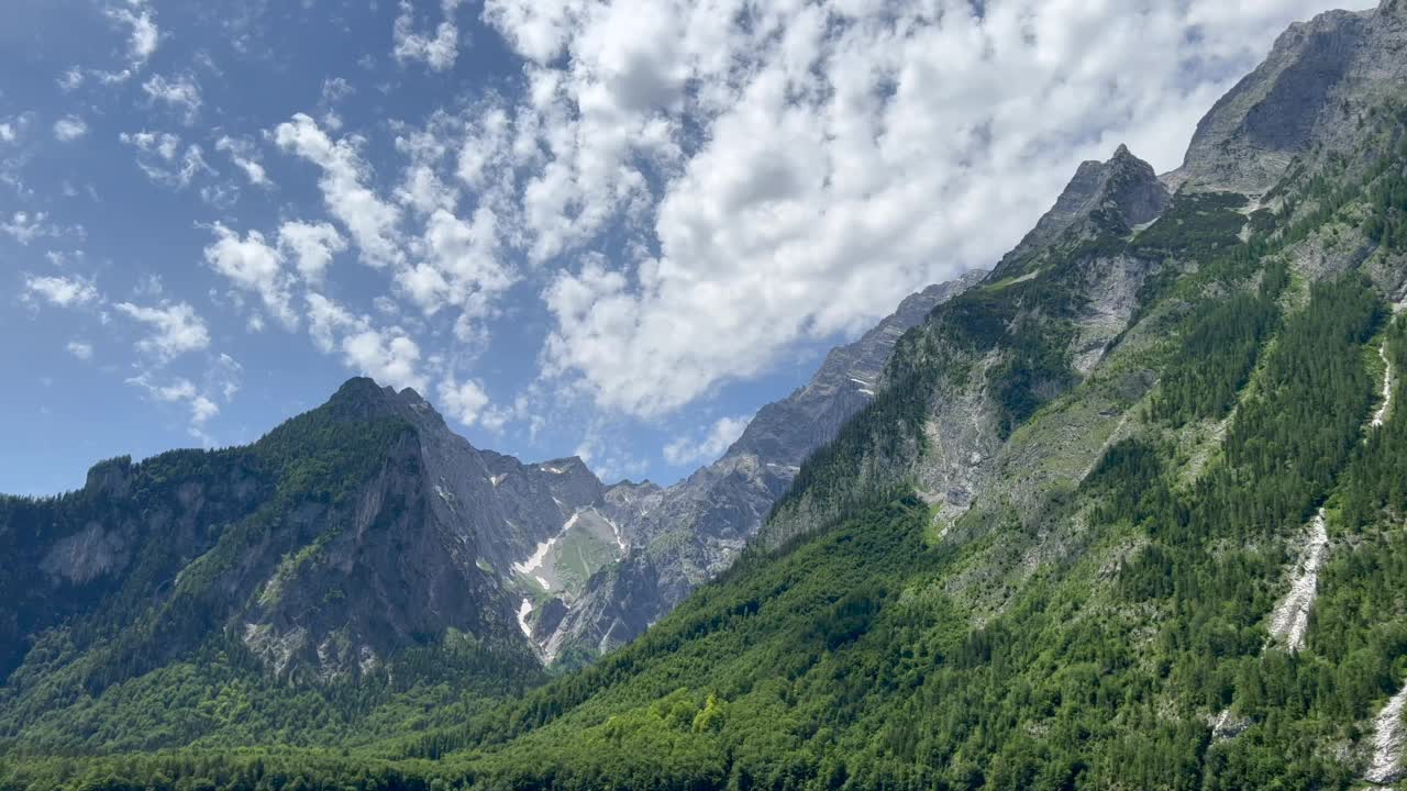 茂密的树木和白雪覆盖的山的景色视频素材