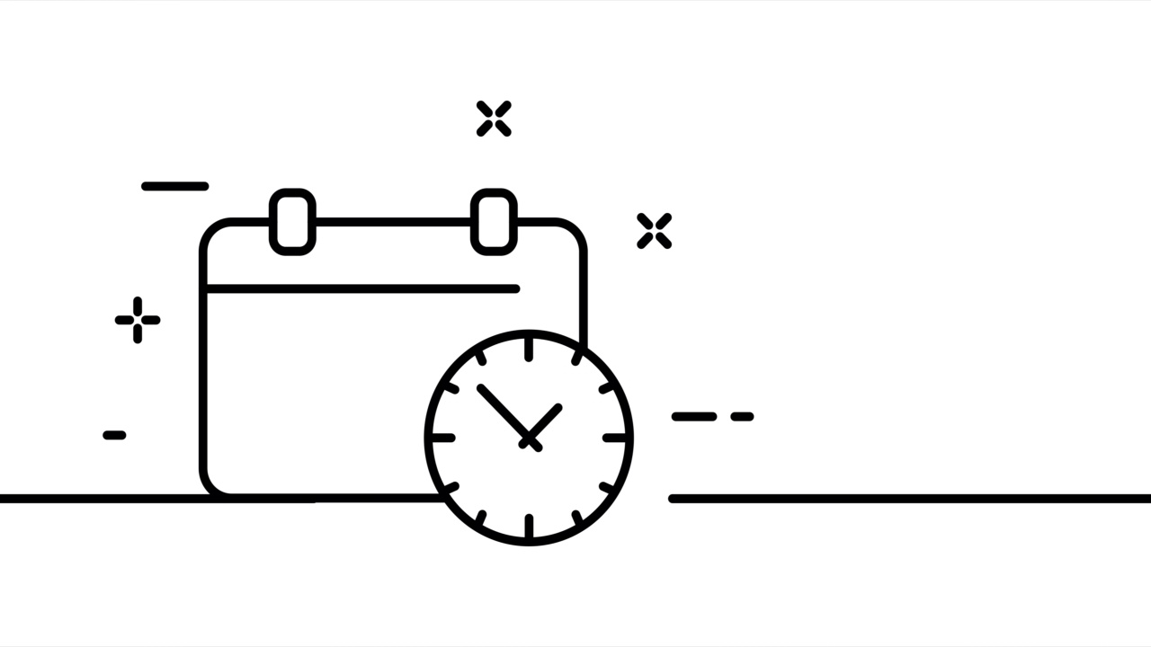 带时钟的日历。时间管理，计划，时间表，事件，约会，计划。经营理念。一条线绘制动画。运动设计。动画技术的标志。视频4 k视频素材