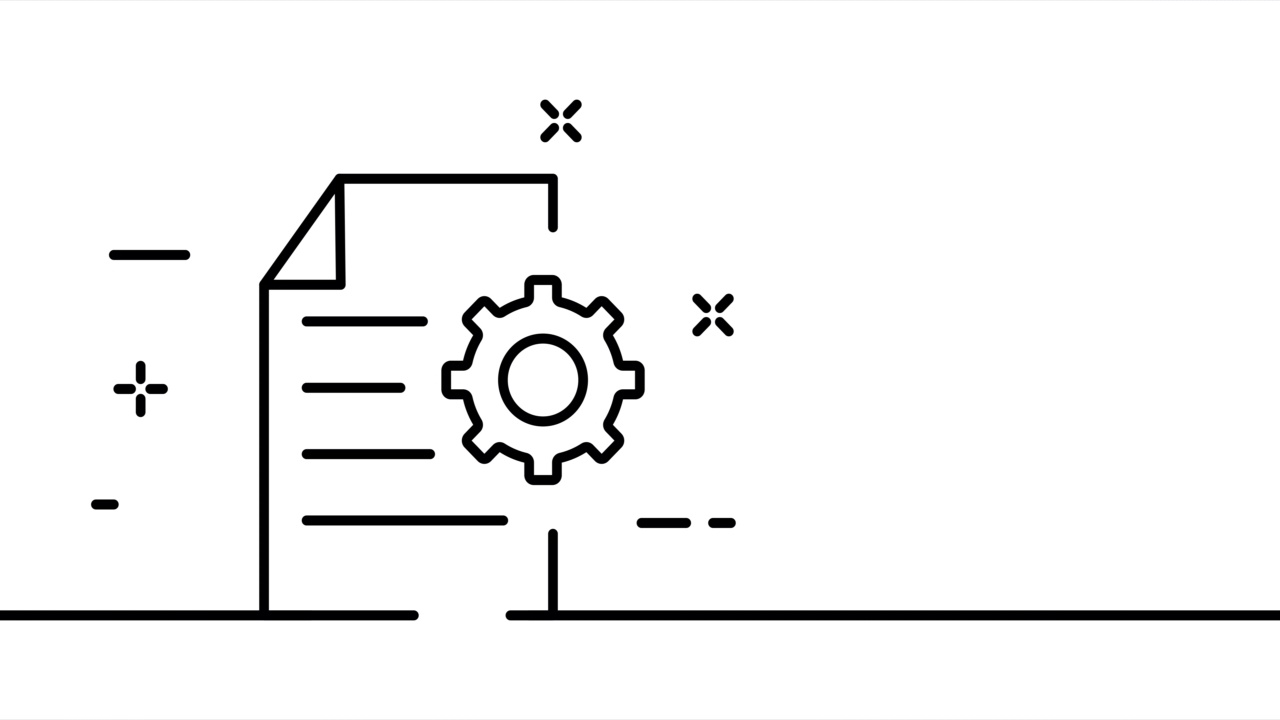 文档与齿轮。设置文件、配置、控制、调优、修正、纸张、信息、数据。经营理念。一条线绘制动画。运动设计。动画技术的标志。视频4 k视频素材
