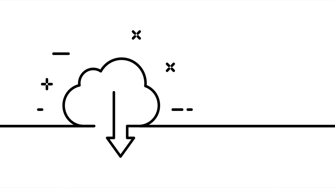 从云存储下载。信息、数据传输、交换。云带箭下。网络的概念。一条线绘制动画。运动设计。动画技术的标志。视频4 k视频下载