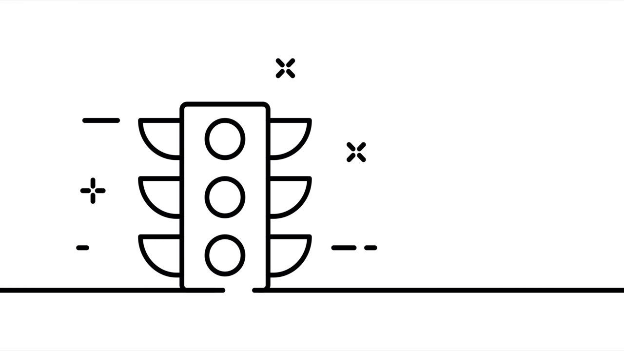 红绿灯。红色，黄色，绿色，控制，调节，拥堵，汽车，司机，行人，人行道，人行横道。道路的概念。一条线绘制动画。运动设计。动画技术的标志。视频4 k视频素材