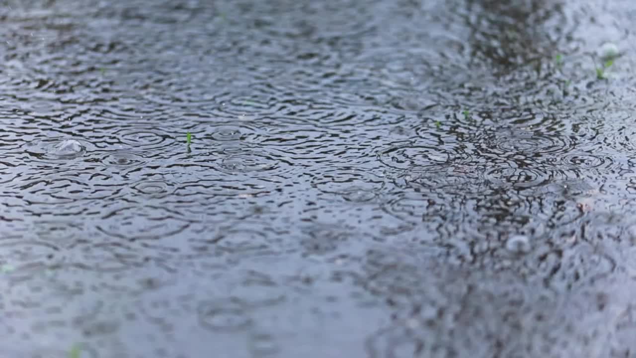 慢镜头雨滴落在水坑上视频素材