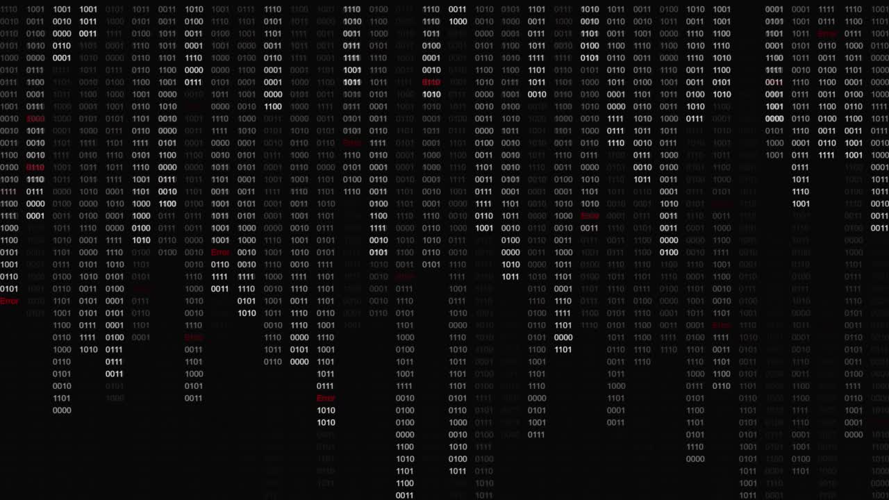数字二进制码和后台错误消息流。大数据循环的技术背景，数据安全，计算机犯罪。运动图形的概念，数字商业未来，二进制行和列背景。视频素材