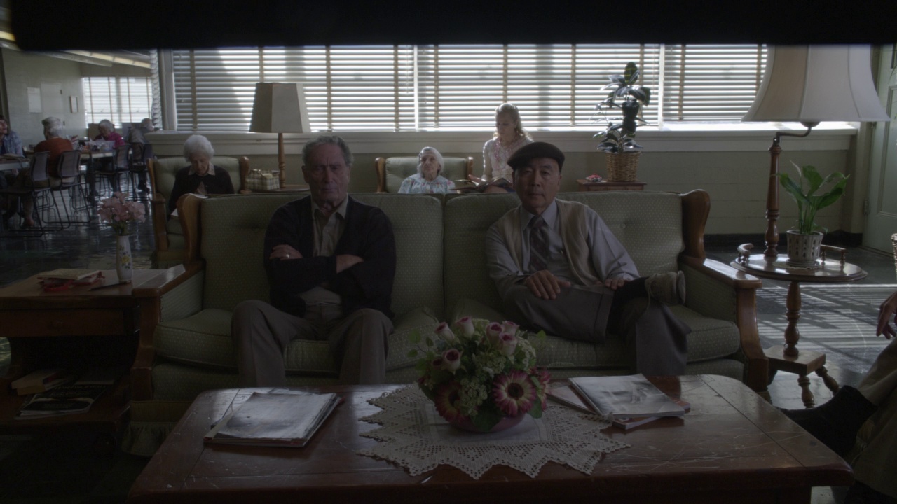 老年人坐在养老院沙发上的广角。两个男人看着镜头视频素材
