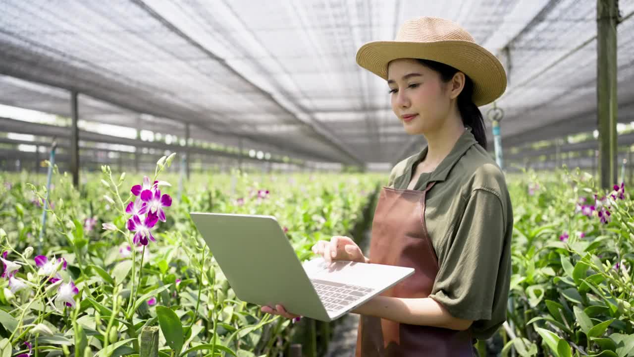 年轻的亚洲园丁使用笔记本电脑记录和控制花卉观赏兰花农场的质量视频素材