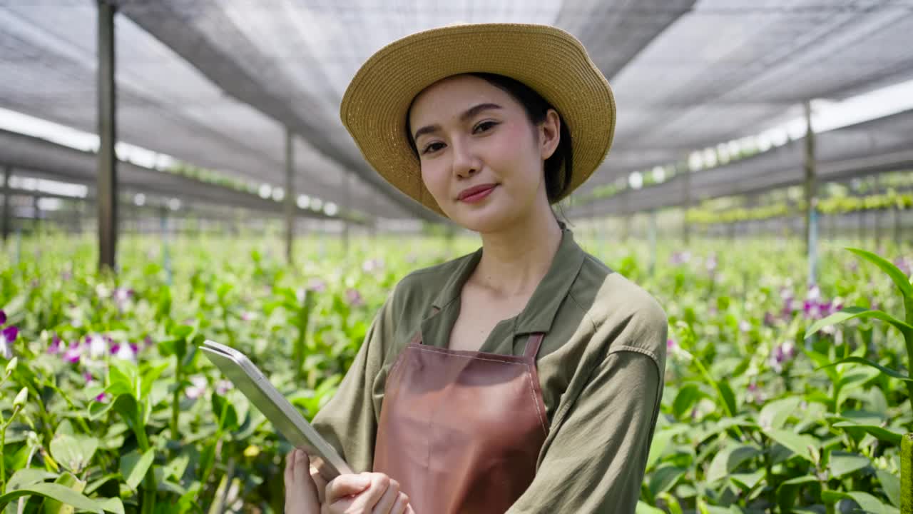 兰花农场的年轻亚洲女园丁肖像视频素材