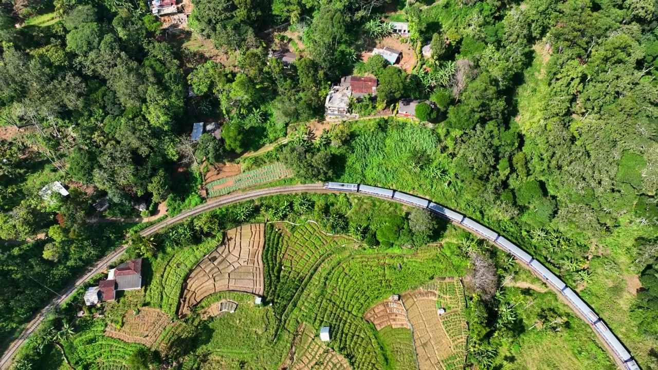 空中平移风景如画的火车移动的住宅，无人机飞行在绿色景观-埃拉，斯里兰卡视频素材