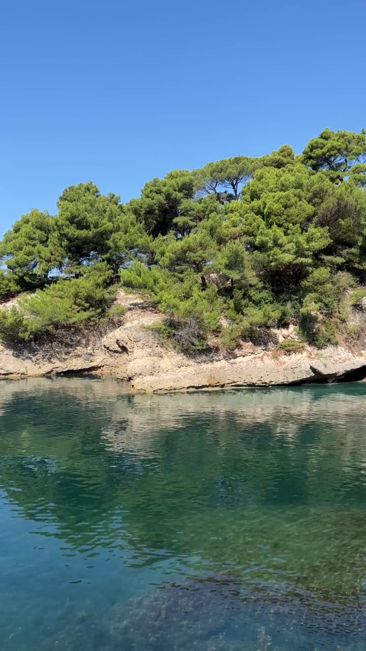 美丽的地中海在夏天阳光明媚的日子。风景优美的海岸岩石和松树。碧蓝的海水。视频素材