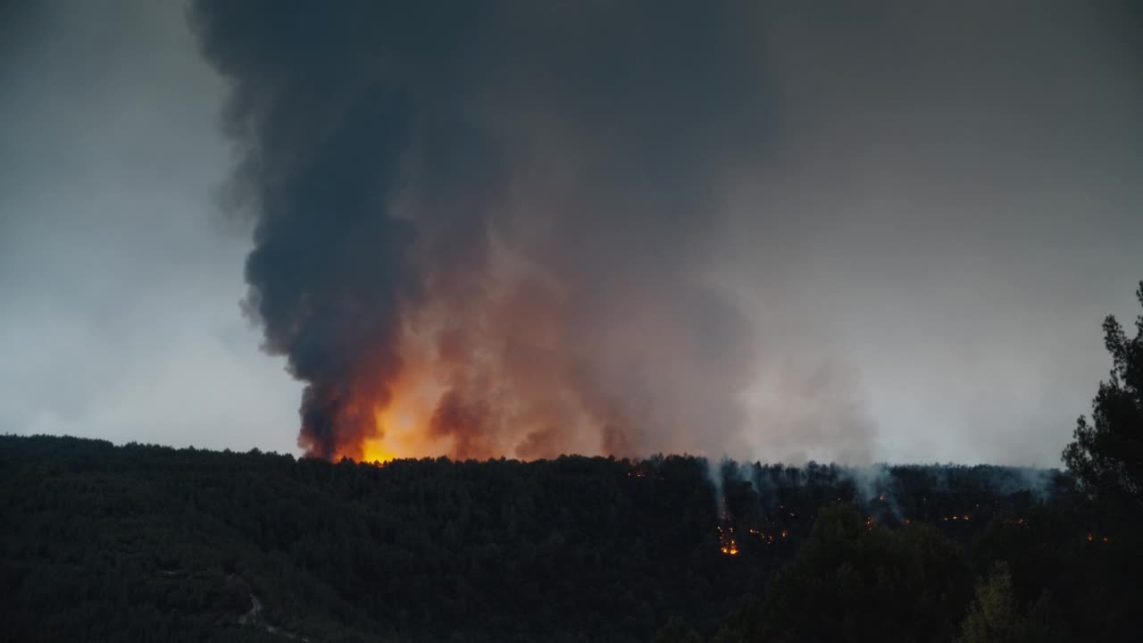 地平线上的森林着火，山上浓烟滚滚，污染山火视频素材