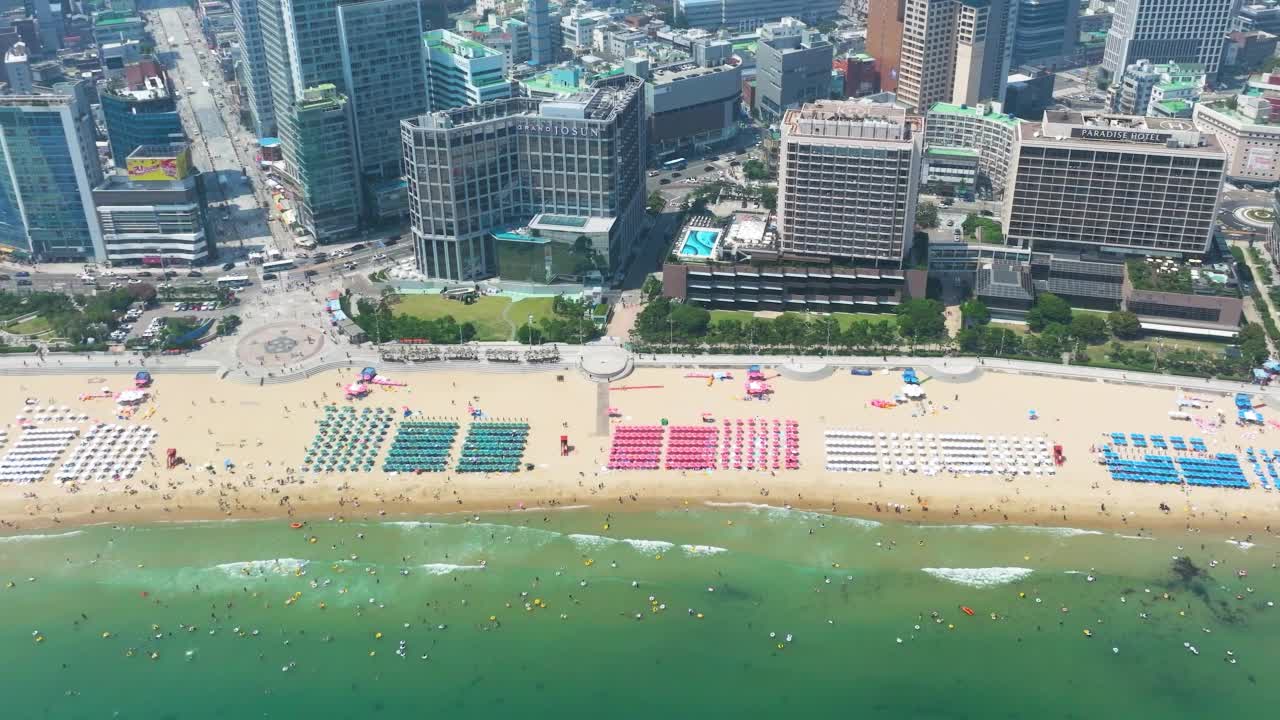 夏季海云台沙滩鸟瞰图视频素材