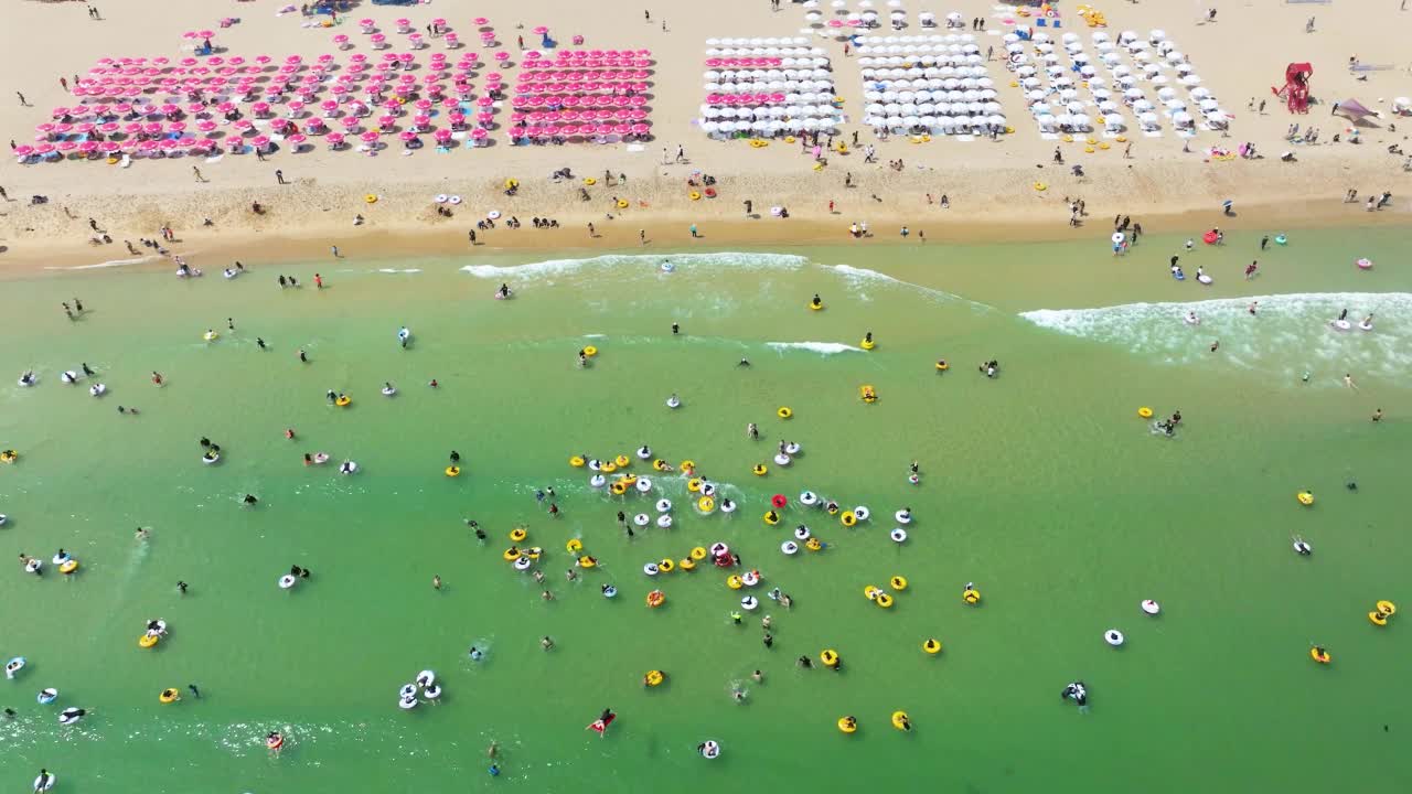 夏季海云台沙滩鸟瞰图视频素材