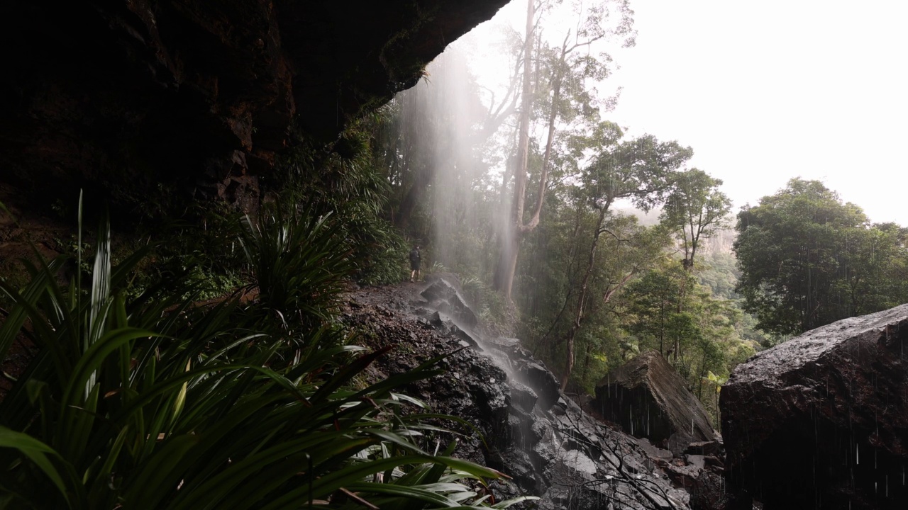 徒步旅行者沿着雨林小径行走，从瀑布后面拍摄视频素材