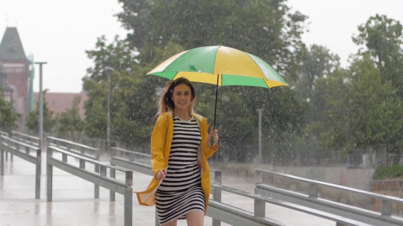 慢镜头可爱的小女孩穿着黄色雨衣撑着伞在阵雨中奔跑视频素材