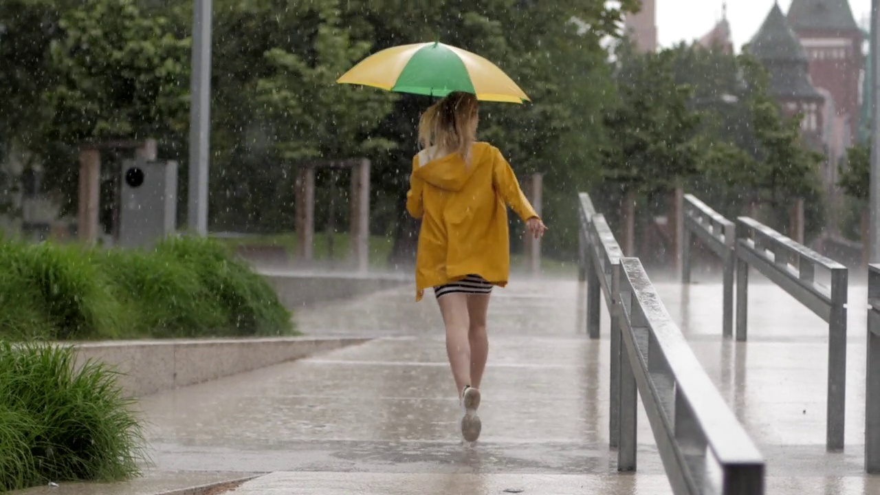 慢镜头可爱的小女孩穿着黄色雨衣撑着伞在阵雨中奔跑视频素材