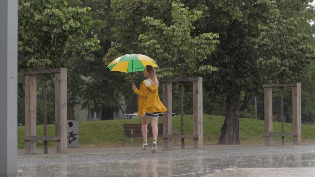 慢镜头可爱的小女孩穿着黄色雨衣撑着伞在阵雨中奔跑视频素材