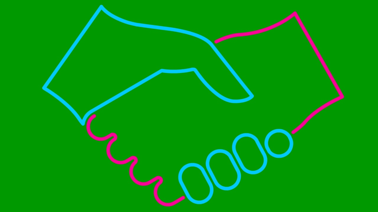 动画蓝色和粉红色的握手图标。交易、协议、合作的概念。向量线性插图孤立在绿色背景上。视频素材