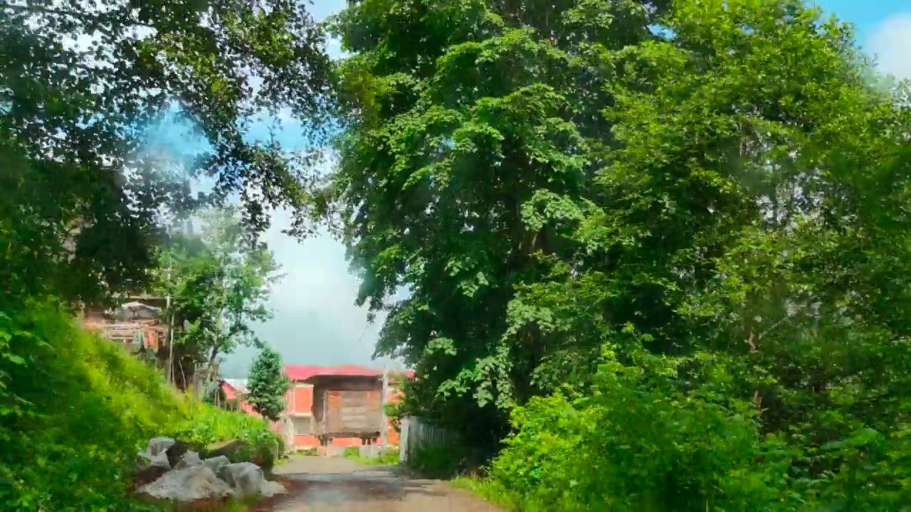 在青山绿水间的土路上，快车飞驰而过视频素材