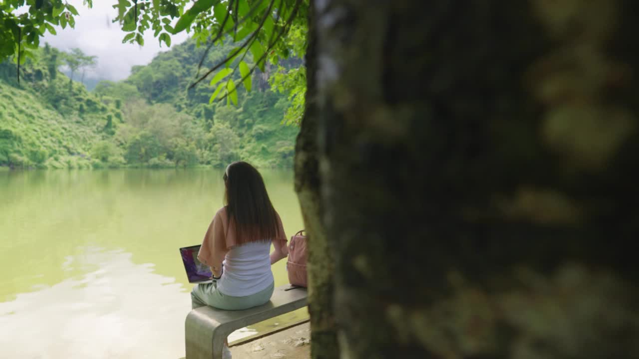 自由程序员，女性，坐着用笔记本电脑编程，在山上轻松地远程工作，旅行，数字游民，永恒的旅行者。在周末的旅游中变得被动。视频素材