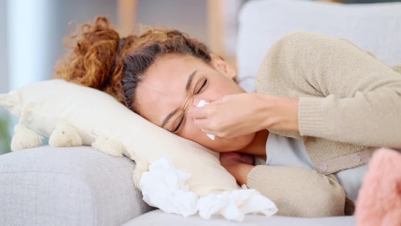 患流感或感冒在家睡觉的生病妇女。有窦性不适的年轻雌性躺在家里的沙发上。一位发烧的生病女士躺在沙发上休息视频素材