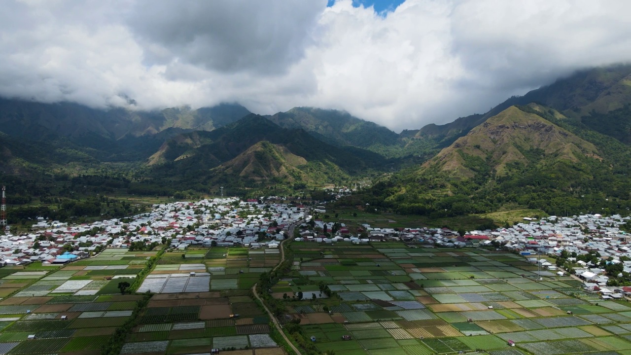 印尼农业用地的航拍视频。白天被小山包围视频下载