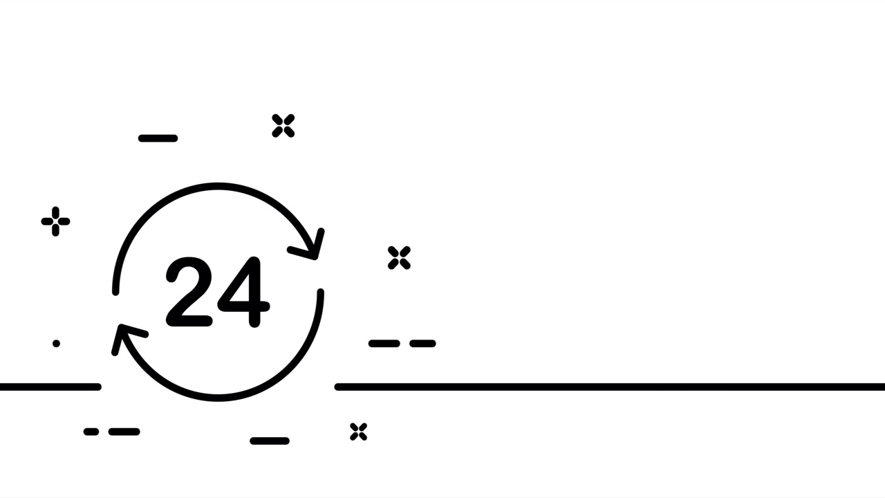 7点24分。腕表，时间，小时，绕时钟，秒，天，时钟指针，时间管理。守时的概念。一条线绘制动画。运动设计。动画技术的标志。视频4 k视频素材