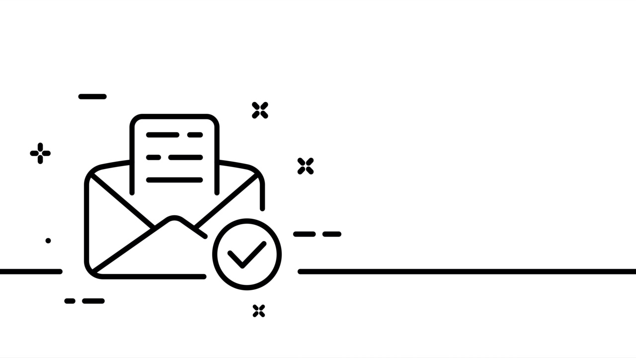 有信的信封。蜱虫,标记,十字架。付款成功，成功，运气，完成，检查，批准，ok，验证。一条线绘制动画。运动设计。动画技术的标志。视频4 k视频素材