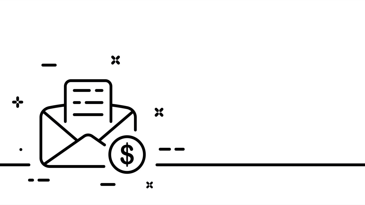 有信的信封。美元，硬币，支付，商品，现金，ATM机，工资，税，支付，钞票，销售，购物。一条线绘制动画。运动设计。动画技术的标志。视频4 k视频素材