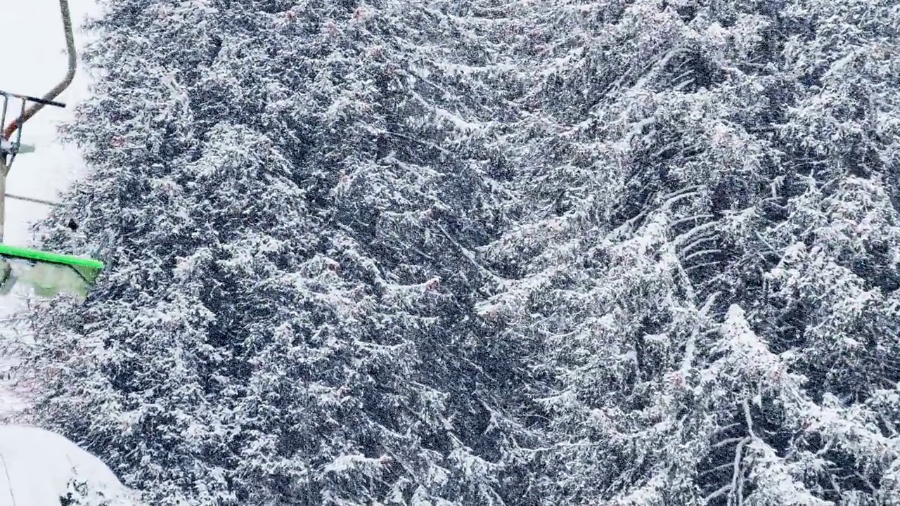 滑雪缆车的绿色座椅在下雪时沿着绳索移动视频素材