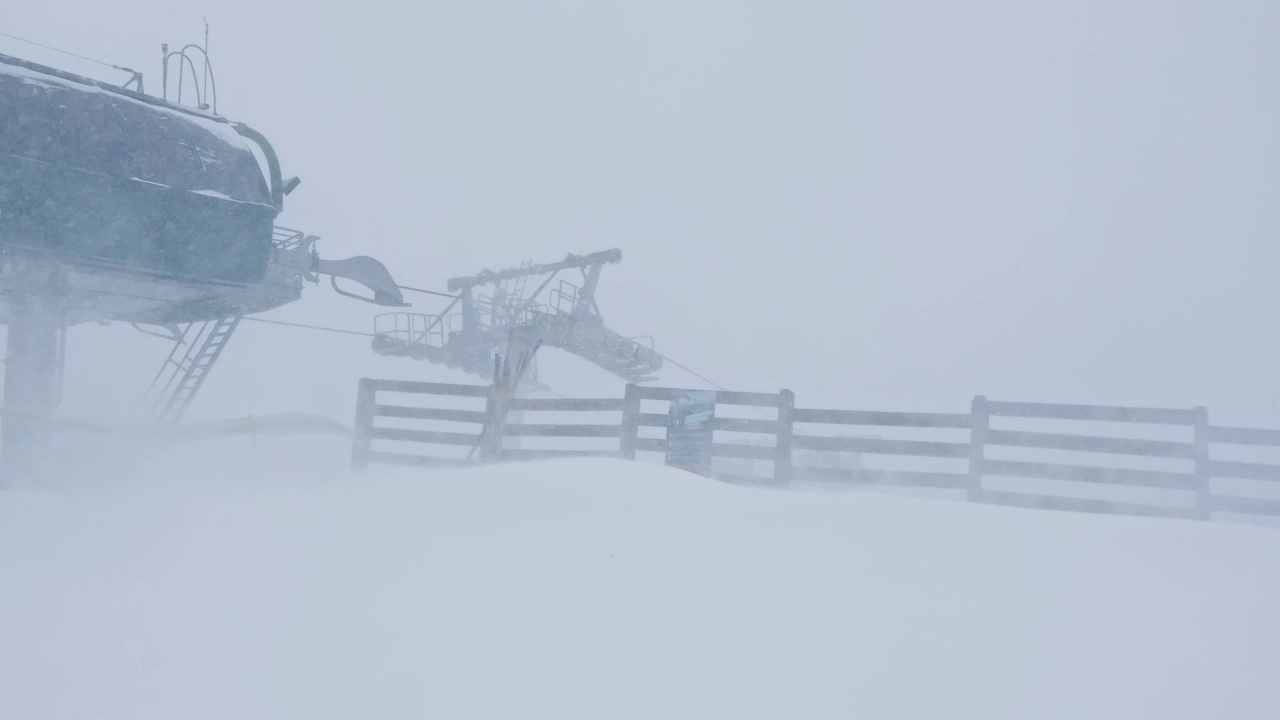 滑雪场缆车站下大雪视频素材