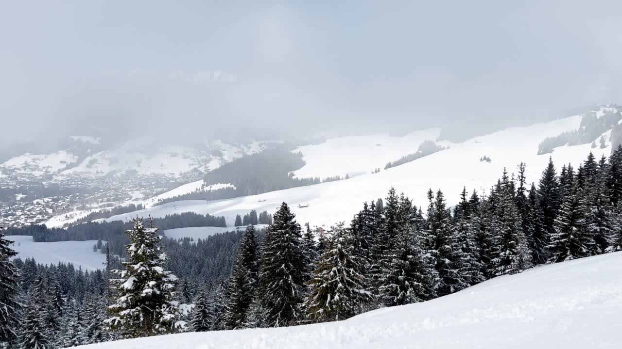 美丽的白雪覆盖的山谷和山冷杉林的概况视频素材