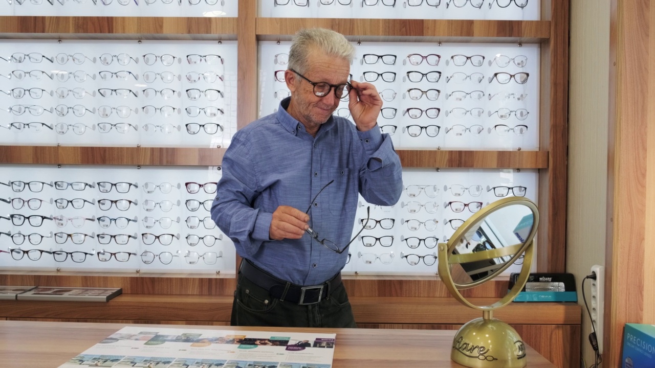 一位资深男士在眼镜店的镜子前试眼镜视频素材