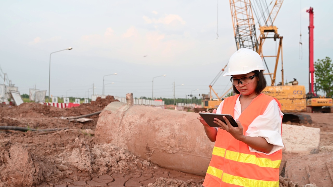 土木工程师在建筑工地工作，公司经理监督道路建设。视频素材