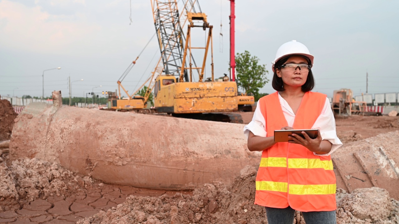 土木工程师在建筑工地工作，公司经理监督道路建设。视频素材