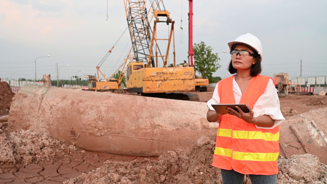 土木工程师在建筑工地工作，公司经理监督道路建设。视频素材