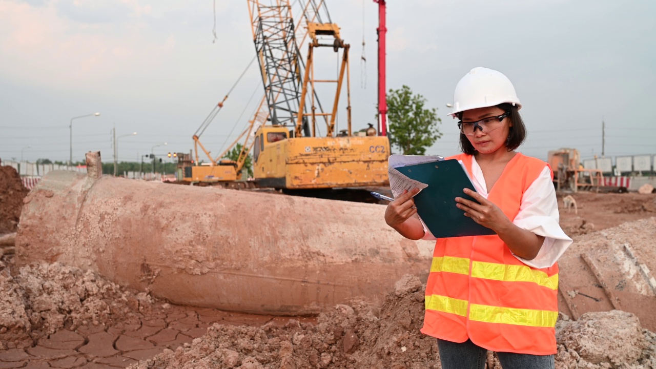 土木工程师在建筑工地工作，公司经理监督道路建设。视频素材