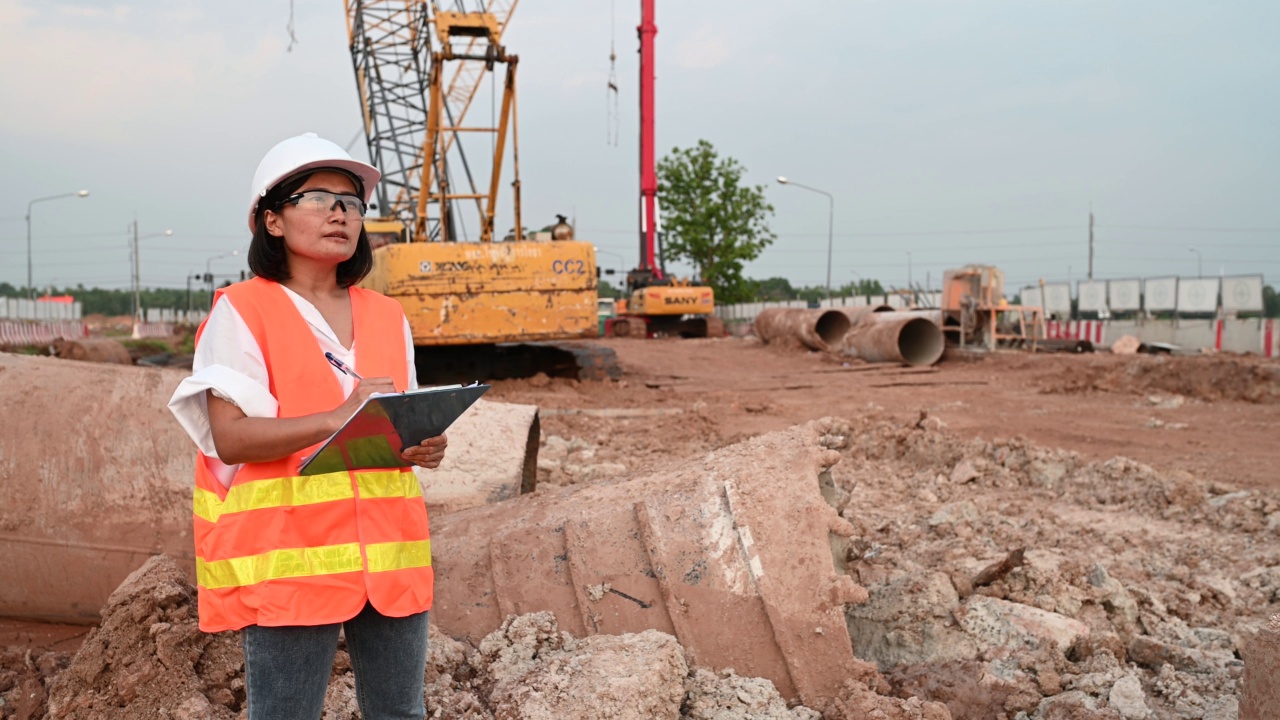 土木工程师在建筑工地工作，公司经理监督道路建设。视频素材