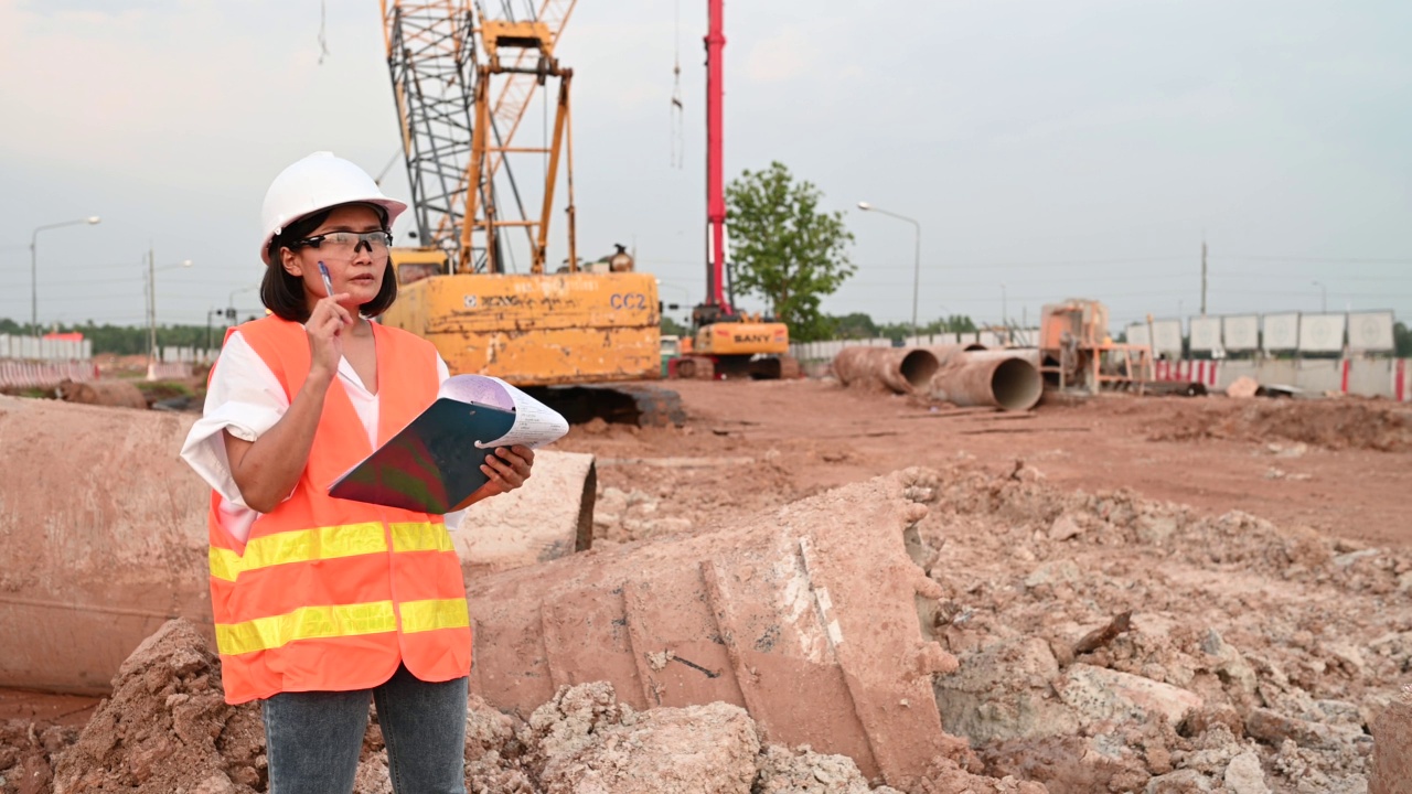 土木工程师在建筑工地工作，公司经理监督道路建设。视频素材