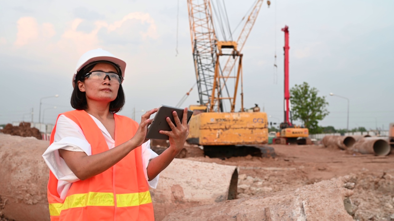 土木工程师在建筑工地工作，公司经理监督道路建设。视频素材