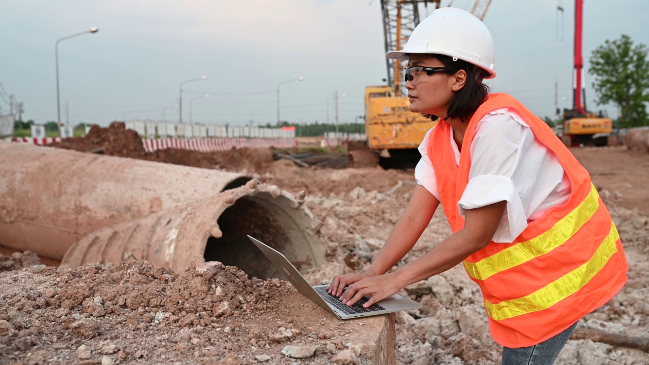 土木工程师在建筑工地工作，公司经理监督道路建设。视频素材