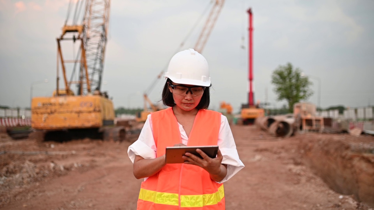 土木工程师在建筑工地工作，公司经理监督道路建设。视频素材