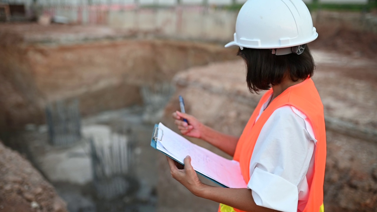 土木工程师在建筑工地工作，公司经理监督道路建设。视频素材