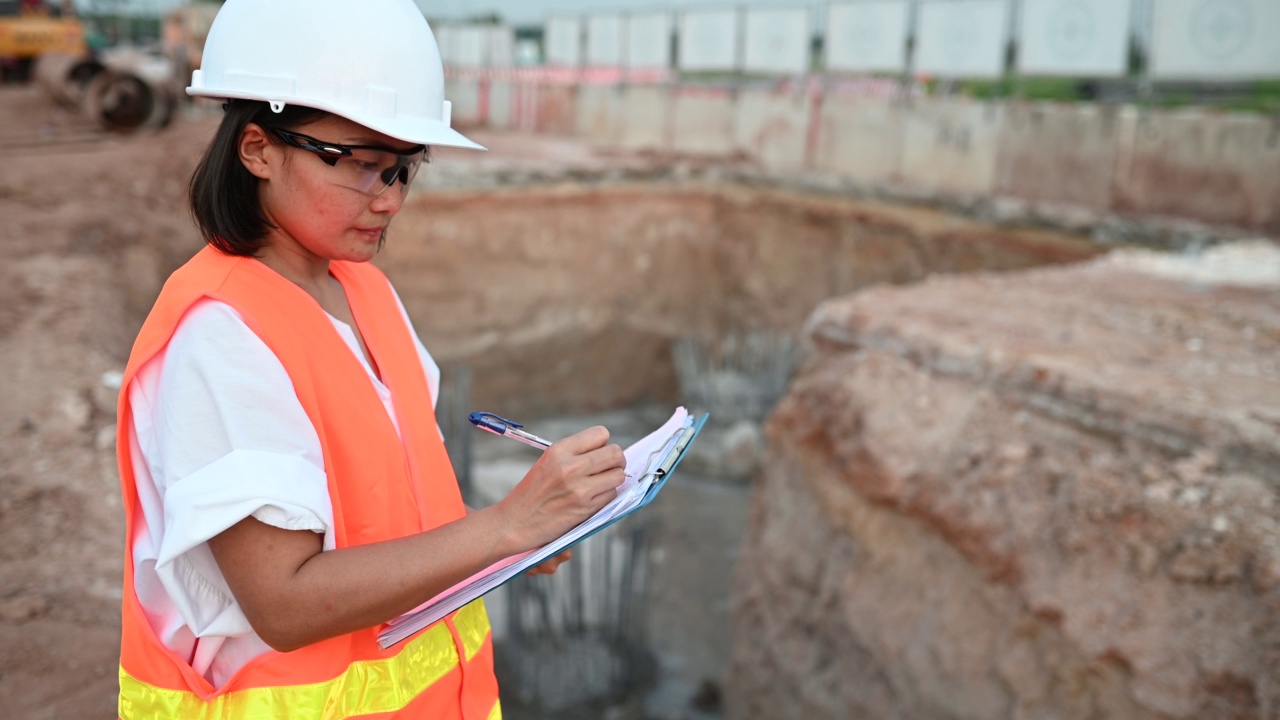 土木工程师在建筑工地工作，公司经理监督道路建设。视频素材