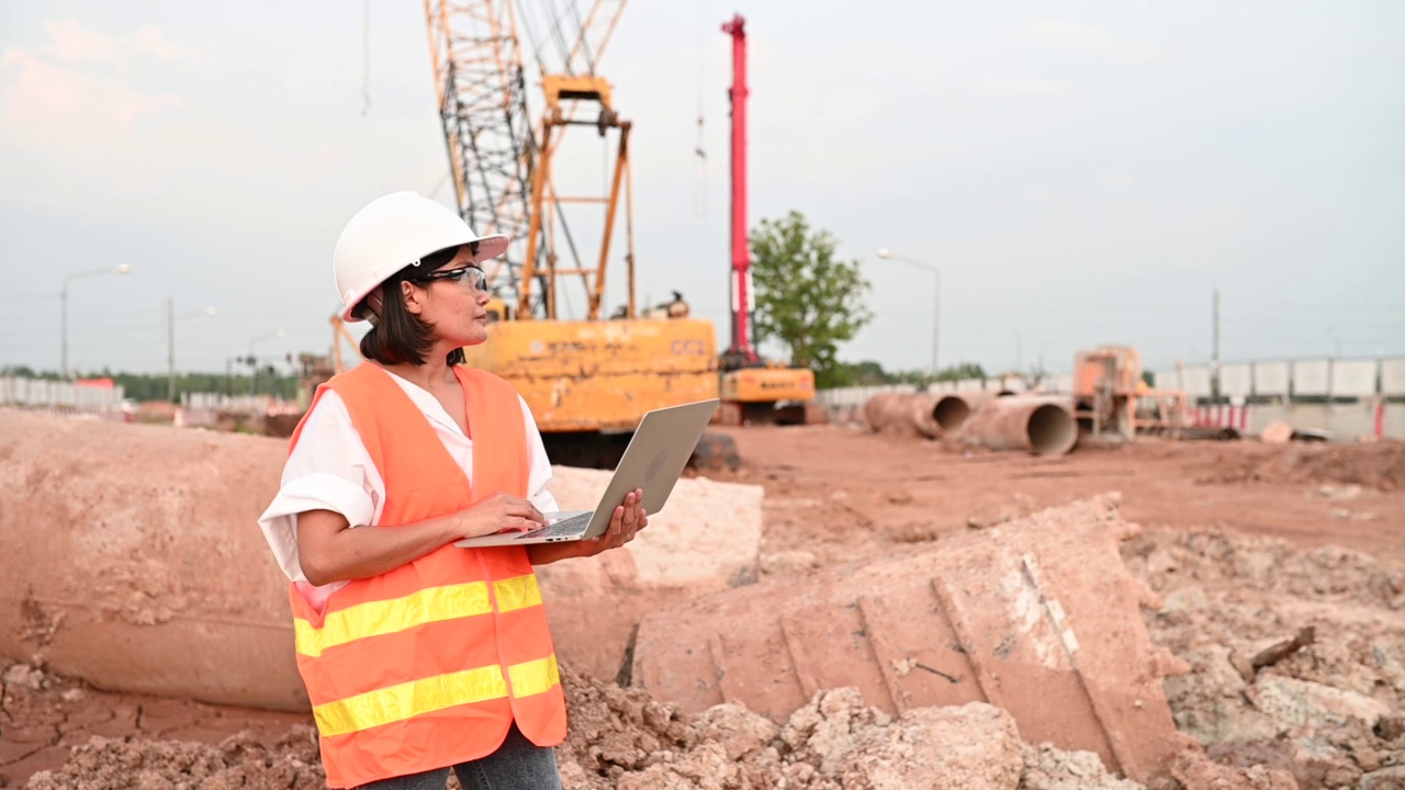 土木工程师在建筑工地工作，公司经理监督道路建设。视频素材