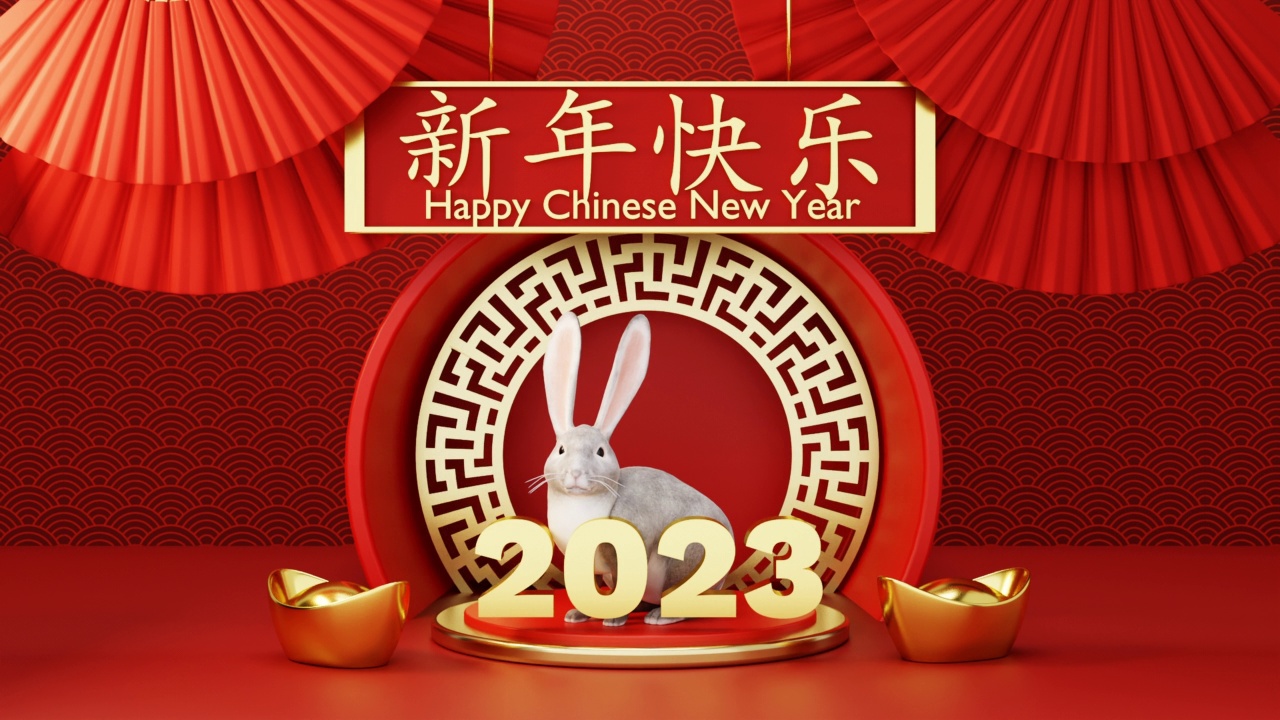 中国新年2023年的兔子或兔子在红色中国图案与手扇背景。亚洲人的节日和传统文化观念视频素材