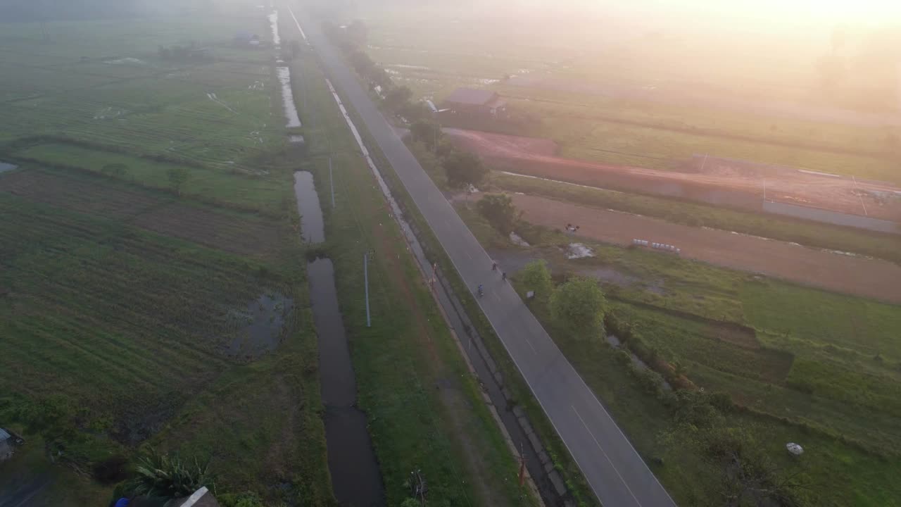 鸟瞰乡村公路在日出的农业领域在泰国庄视频素材