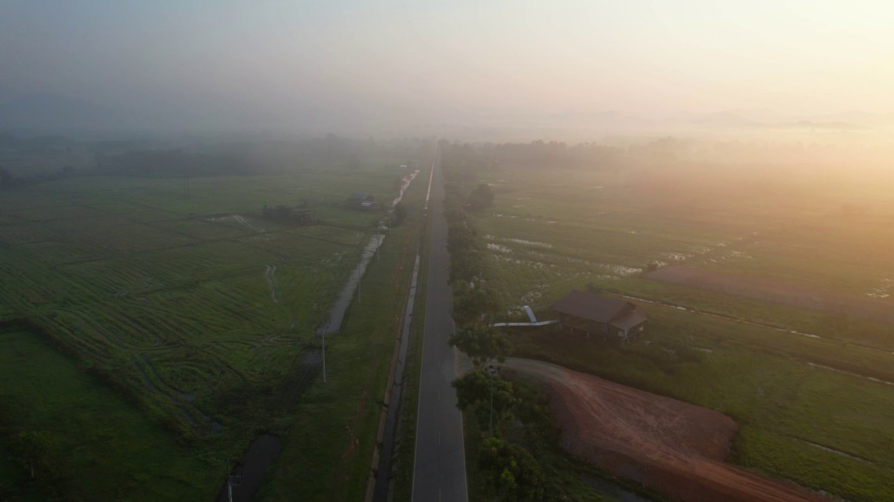 日出时空无一人的道路上有雾视频素材