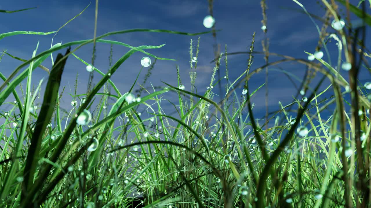 露珠落在青草上。三维渲染视频素材