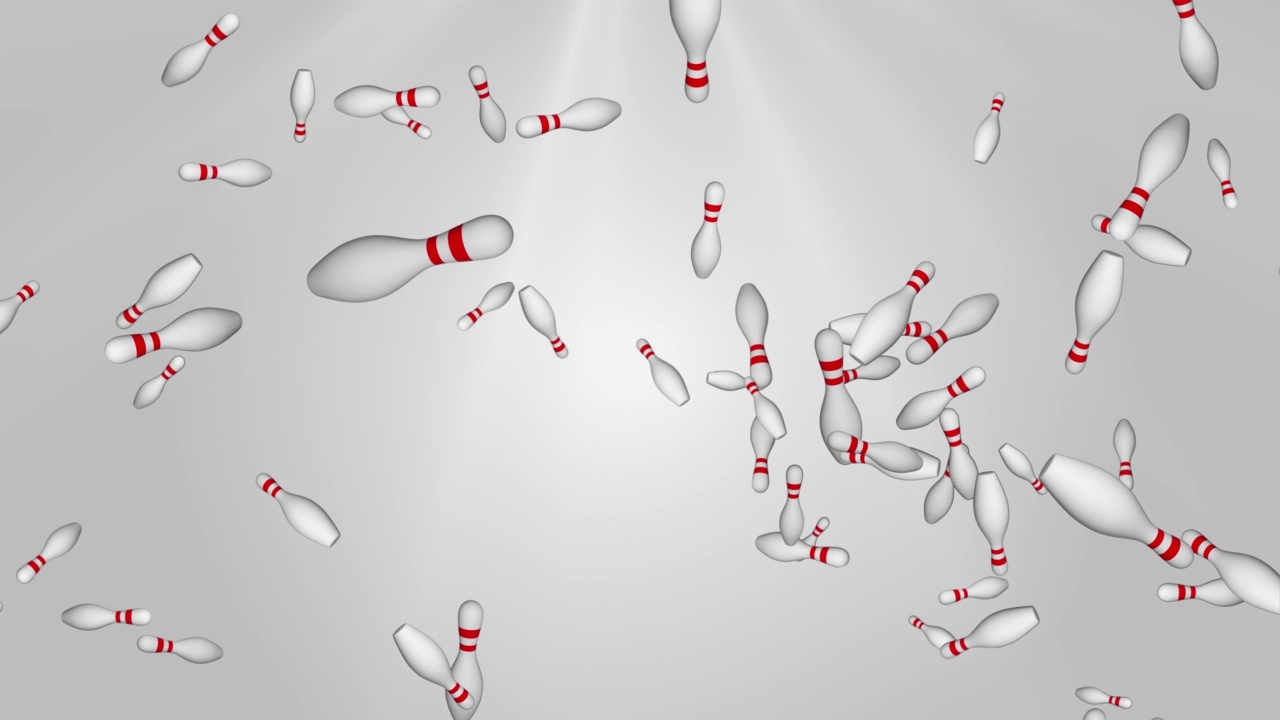 4K循环下落的保龄球瓶3D动画白色保龄球瓶填充屏幕背景。视频素材